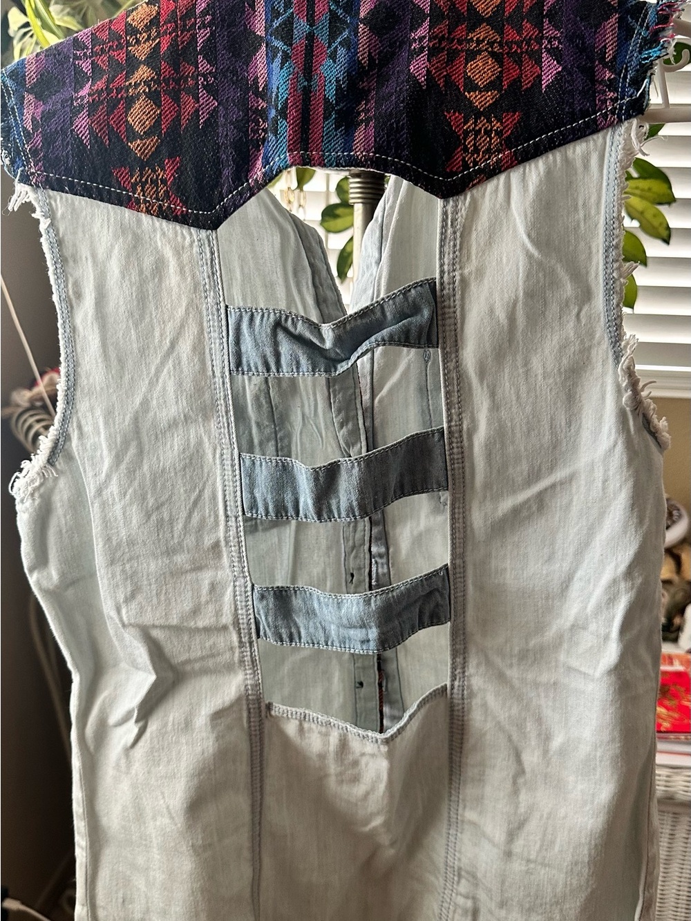 Kendall & Kylie Light Blue Denim Tank with Multicolor Aztec Yoke